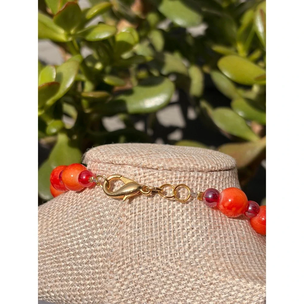 Handmade Orange Glass Bead Necklace Red Accents Gold Tone Lobster Clasp Boho